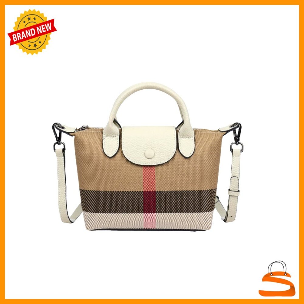 Mini Plaid Satchel Purse With Leather Trim Adjustable Crossbody Bag